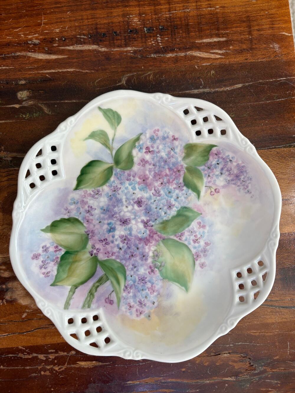 Vintage IPAT Hand Painted Porcelain Lilac Floral Plate Pierced Rim 10”